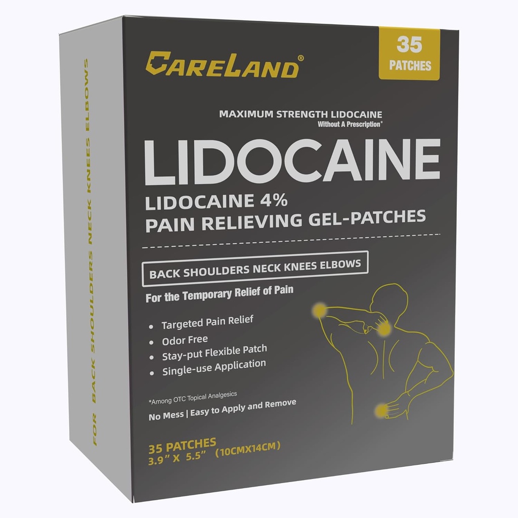CARELAND 4% Lidocaină Gel Patch, 35 Conte maxim de putere durere patch-uri pentru ajutor muscular în gât genunchi spate și umăr patch-uri de amorțire nesolicitat pentru nervi, articulații