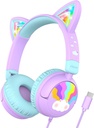 iClever Kids Căști USB C, LED Light Up, 85dBA Seif Volume, Stereo Sound Toddler Căști pentru Școala de Turism, Copii Căști cu Cord pentru tablete iPad, Meow Lollipop-Purple