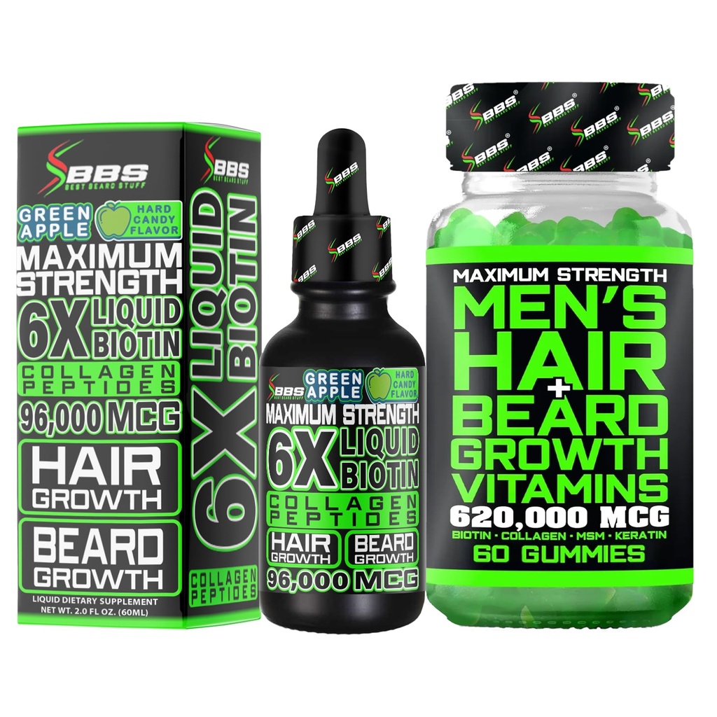 Kit de crestere barbă w/ 6X supliment BIOTIN lichid cu peptide Colagen + 620.000mcg 14- in- 1 Gume BIOTIN/ Vitamine de crestere si vitamine de crestere a parului pentru barbati - Formulate in America