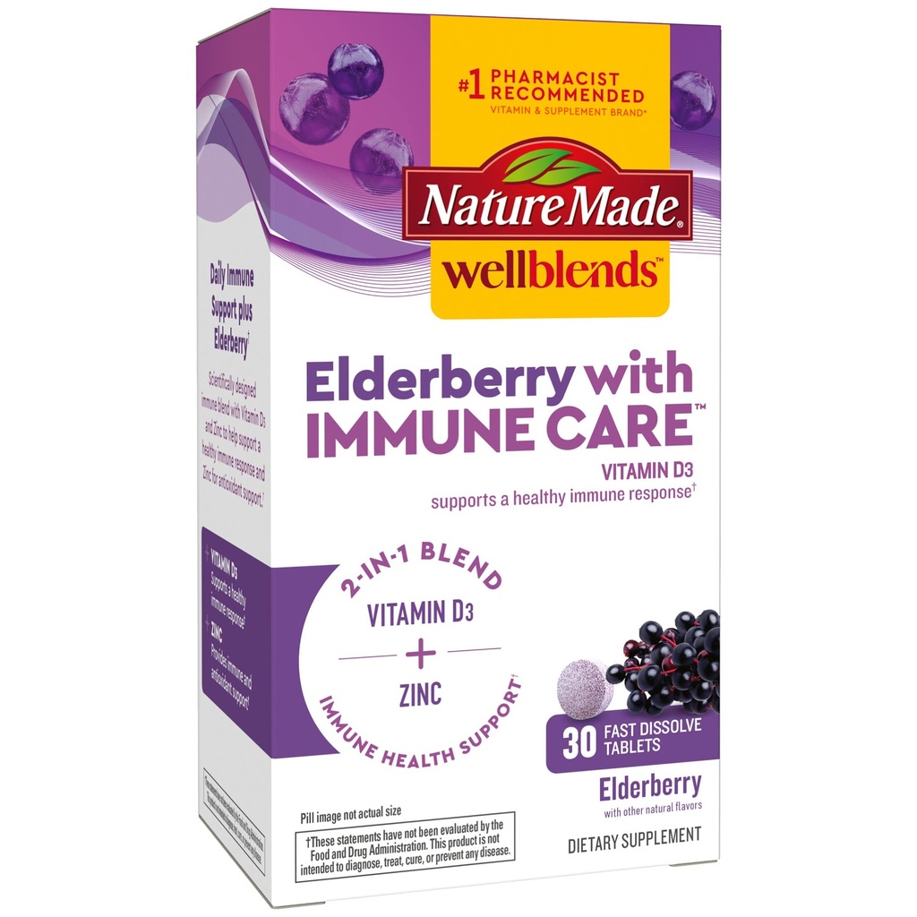 Natura Made Wellblends Elderberry cu ImmuneCare, vitamina D3 și zinc, cu aroma de elderberry, 30 comprimate de dizolvare rapidă
