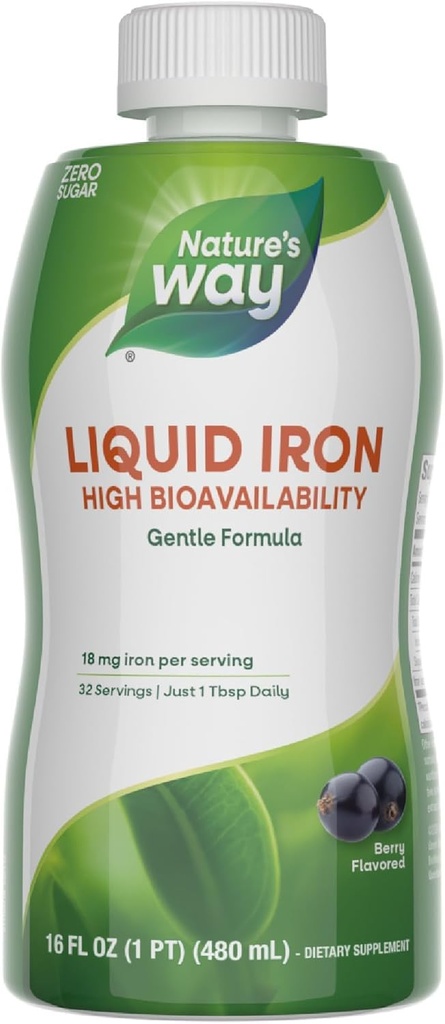 Natura's Way Liquid Iron, 100% Daily Value, 18 mg Iron as Ferric Glycinate per Serving, No Sugar Added, Berry Flavored, 16 Fl Oz (Packing May Vary)