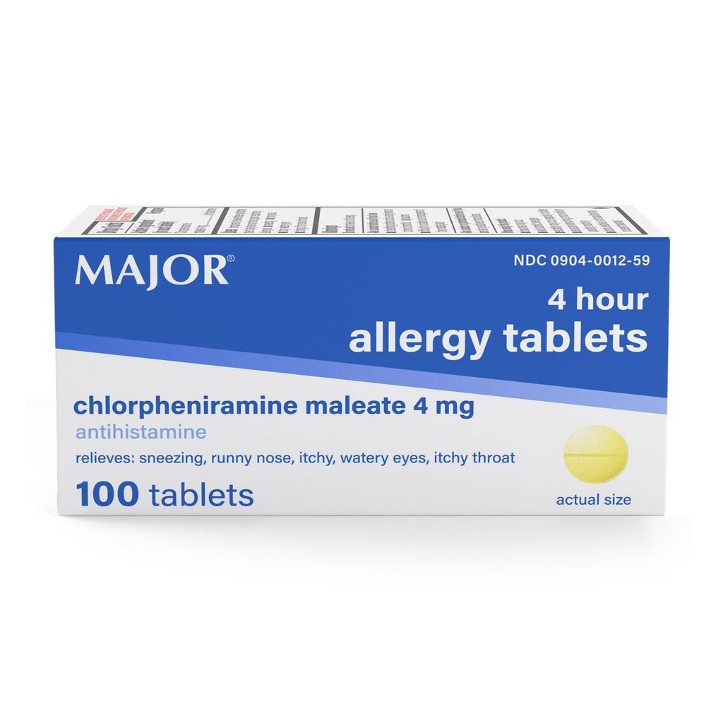 MAJOR 4 Mg Alergia Tablete - Chlorpheniramina Maleat 4-Hour Alergia Medicina - Antihistamina pentru ajutor de Stranezing, Itchy Watery Eyes, Itchy Throat, și Runny Nose - 100 Conte (1 ambalaj)