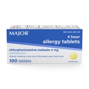 MAJOR 4 Mg Alergia Tablete - Chlorpheniramina Maleat 4-Hour Alergia Medicina - Antihistamina pentru ajutor de Stranezing, Itchy Watery Eyes, Itchy Throat, și Runny Nose - 100 Conte (1 ambalaj)