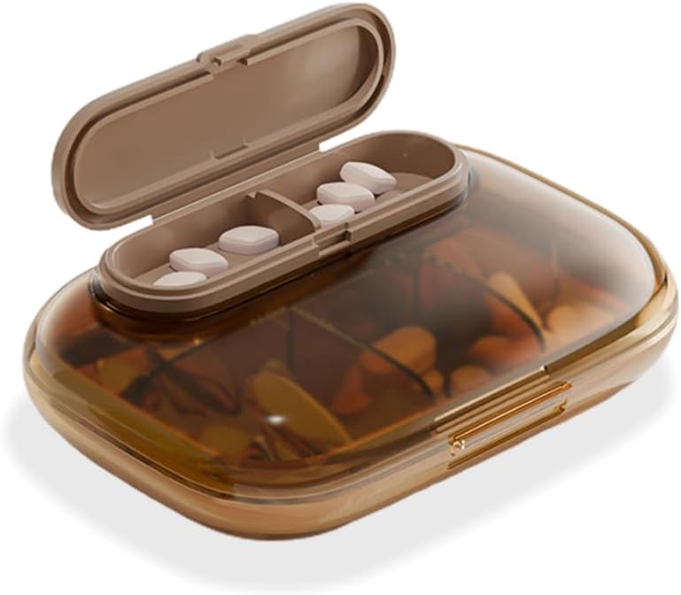 Caz pilula mici 7 zile, Compact Săptămânal Vitamina Box, Portable Travel Pill Dispenser, medicamente elegante & Suplimente Organizator (Brown)