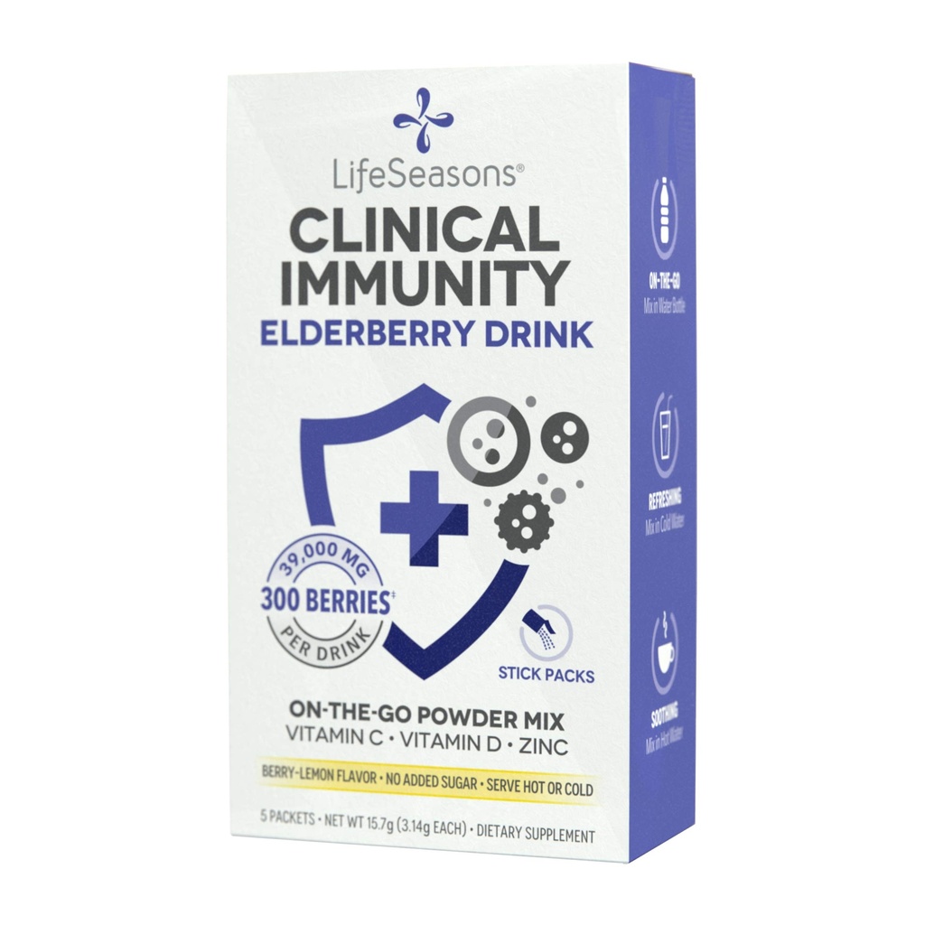 LifeSeasons Imunity Clinic - Elderberry Drink Mix - Protects & Fights for Healthy Immune Response - Imunity Booster - 3X Better Than Vitamina C - Serveşte fierbinte sau rece - Vitamina C + D + Zinc - (5 Pack)