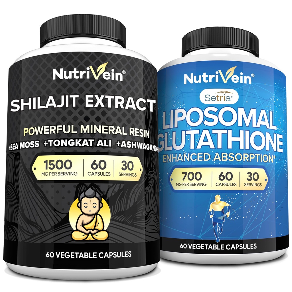Nutrivein Premium Shilaj Capsule & Liposomal Glutatione Supliment Bundle: High- Absorbtion Glutatione Liposomal & Shilaj Capsule pentru bărbaţi şi femei - Ficat, Detox, & Vitality