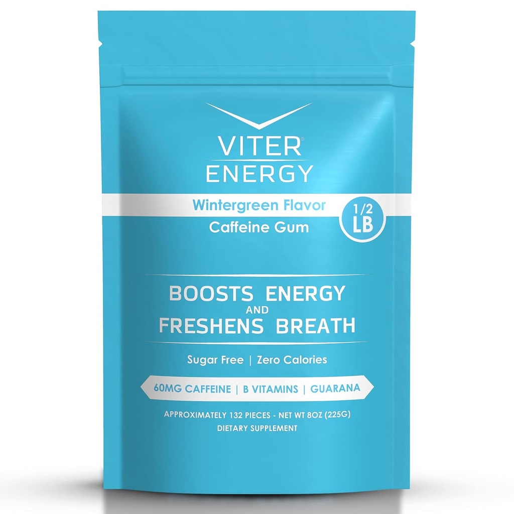 Viter Energy Caffeinated Gum 60mg Caffeine, B Vitamine, Guarana, Sugar Free. (Wintergreen, 8oz, Bulk Bag)
