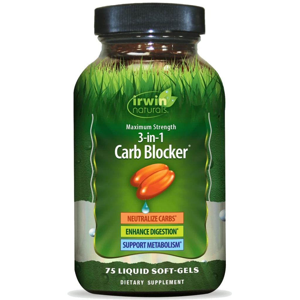 Irwin Naturals Rezistenta maxima 3-in-1 Carb Blocker, Neutralizeaza Carbohidratii si suporta metabolismul, 75 Softgels lichid, 2 Pack