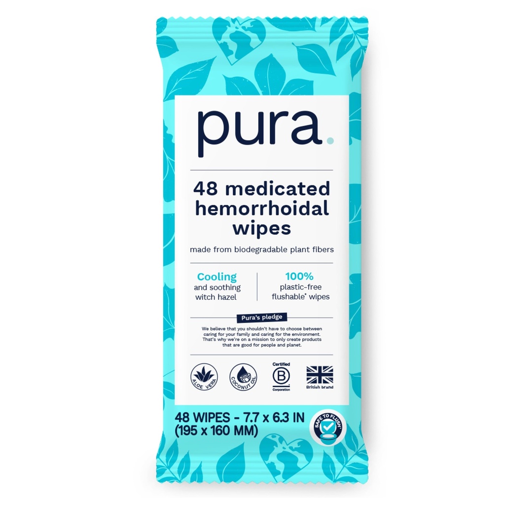 Pura Flushable Hemorrhoid Wipes XL, 48 Count, medicamentat cu rece Witch Hazel, Aloe & Coconut Oil, Rapid Relief, Fragrance-Free, 100% Plastic-Free