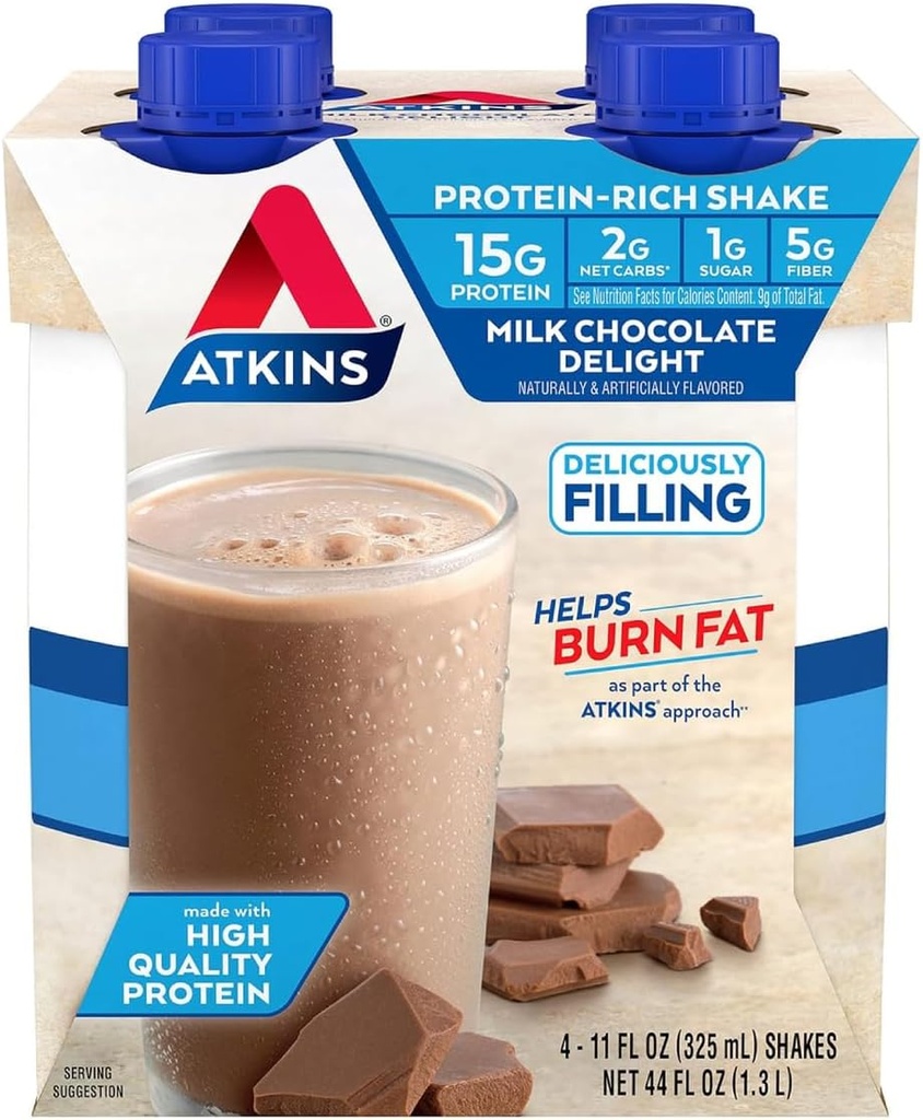 Atkins Milk Chocolate Delight Proteine Shake, 15g Proteine, Glicemic scăzut, 2g Net Carb, 1g zahăr, Keto Friendly, 4 Conte