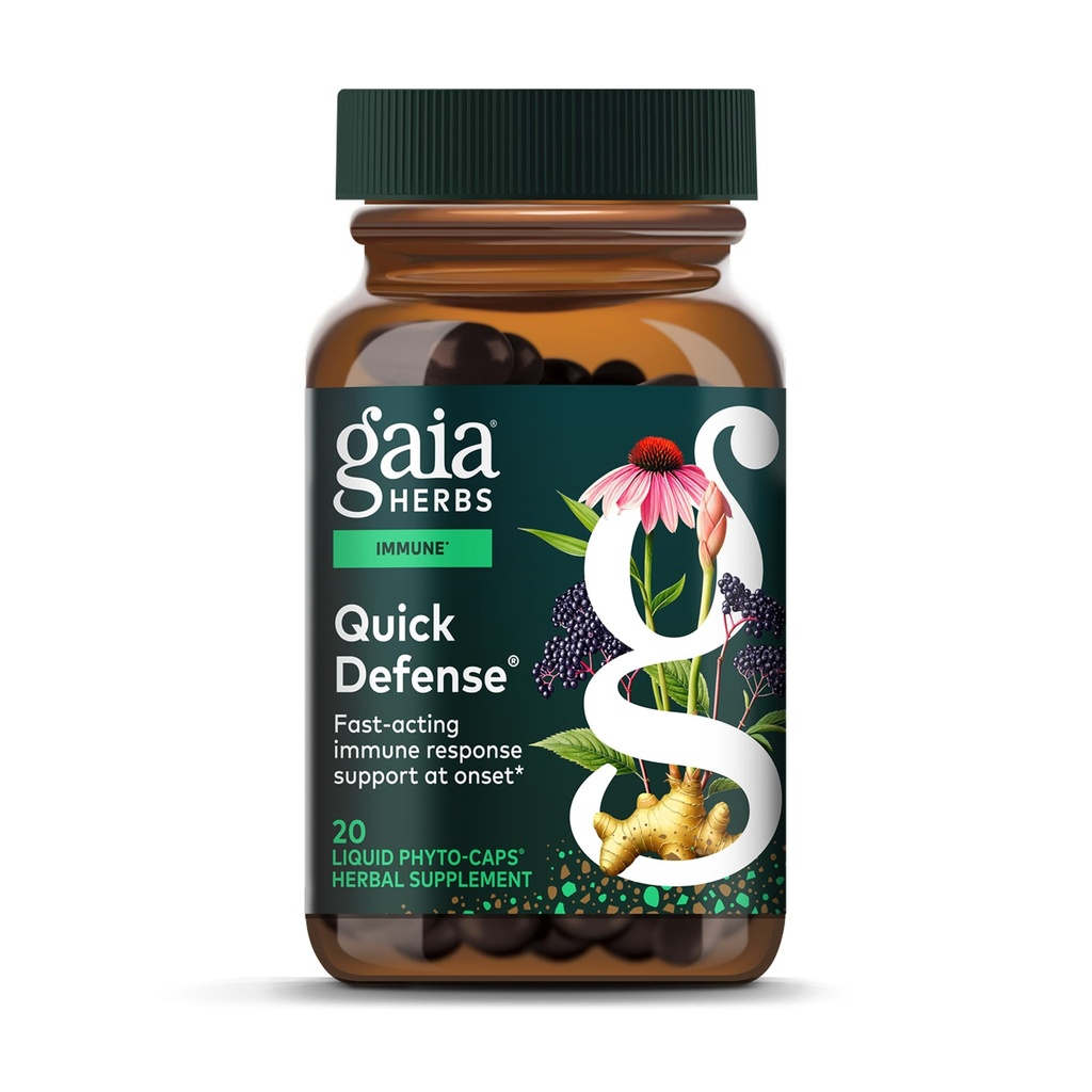 Gaia Herbs Quick Defense - Fast-Action Immune Supplement* - Echinacea, Black Elderberry, Ginger & Andrographis - 20 Vegan lichid Fito-Capsules (2-Day Supply)