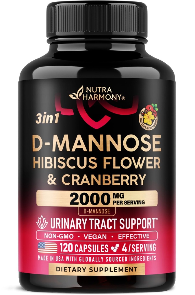 D-Mannose 2000mg cu Cranberry & Hibiscus - Clinic testat puterea pentru sănătatea tractului urinar - Supliment pentru femei - Bladder, Liver & Microflora Support - Made in USA - Vegan, 120 Capsule