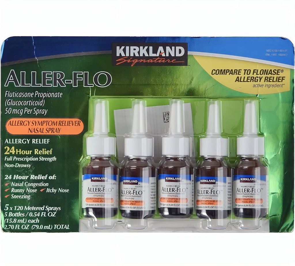 KIRKLAND Signature Aller-Flo Fluticasone Propionate (Glucorticoid) 5 Flacoane x 120 Spray-uri Metered 0.54 Fl OZ per flacon (15.8 ml x 5) 2.70 OZ Total (79 ml Total) 600 Total spray-uri, 1-pack