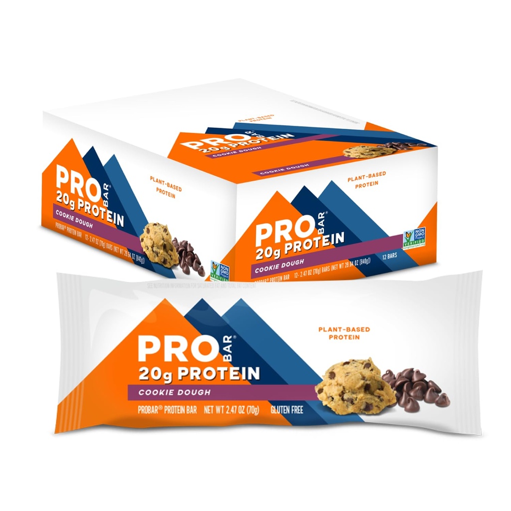 PROBAR - PROTEIN Bar, Cookie Dough, Non-GMO, Gluten-free, Healthy, Plant-Based, Ingrediente alimentare întregi, Energie Naturală (12 Conte)