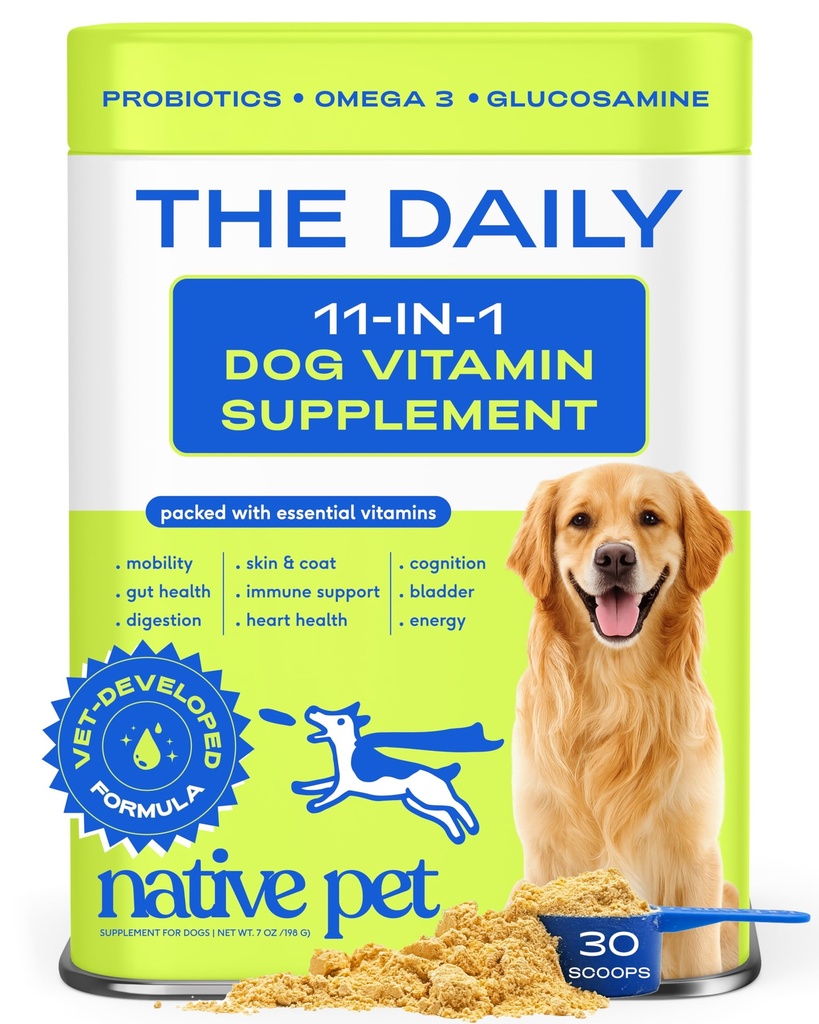 Vitamine și suplimente native pentru câini de companie - 11-in-1 Multivitamine pulbere pentru câini Alimente Topper - Colagen, Glucosamină, Probiotice, Omega & mai mult- Suporturi Sanatos Gut, Mobilitate & Sănătate generală -30 Scoops