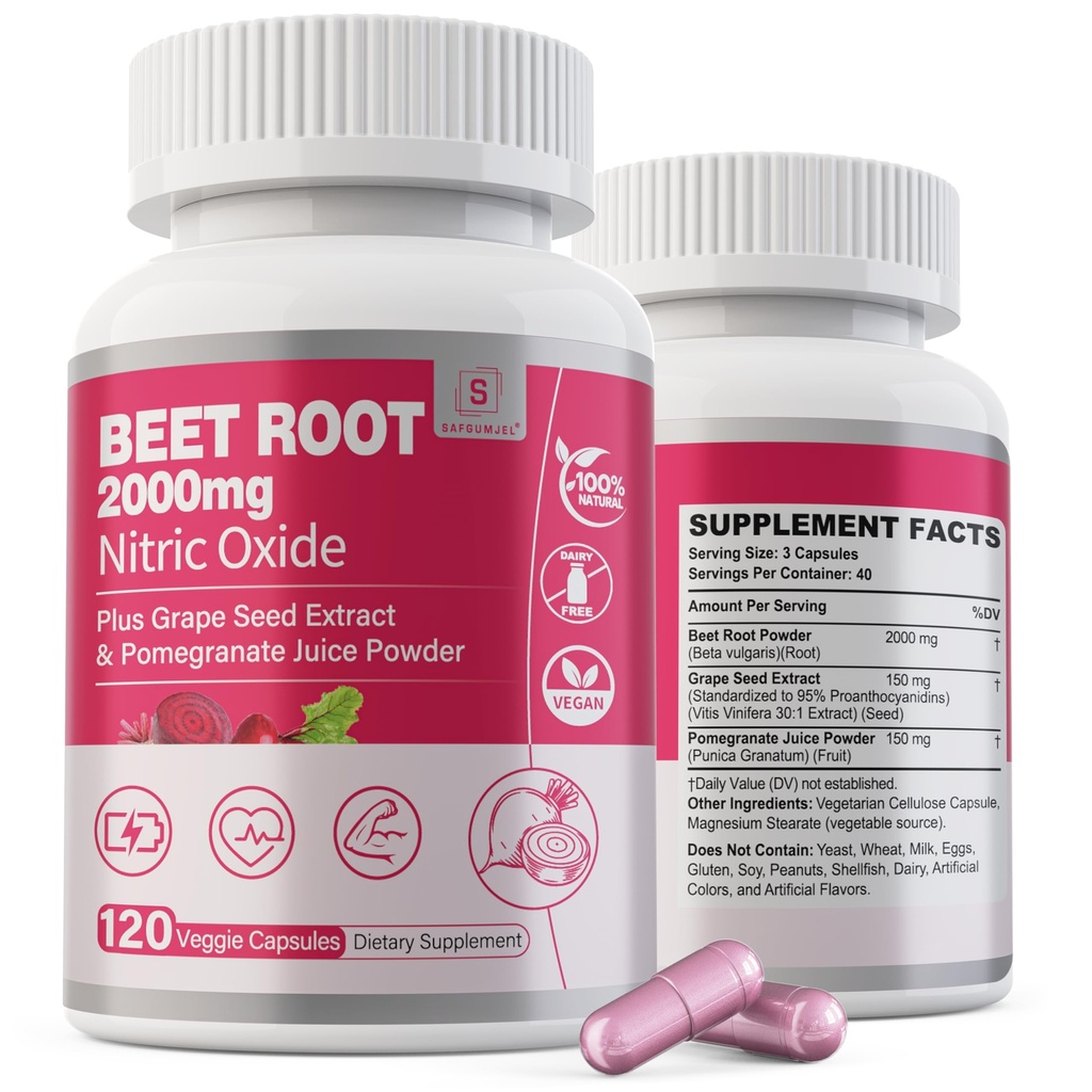 Capsulele rădăcină de sfeclă 2000mg Suplimente cu oxid de azot w/ extract de semințe de struguri, extract de rodie susține circulatia si fluxul sanguin, energie pentru bărbați/femei, pudră organică de sfeclă de zahăr, non OMG-uri, 240 conte