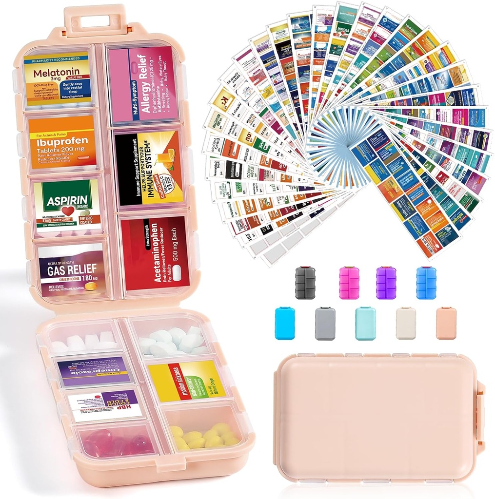 14 Grids Travel Pill Organizator Box cu 415-Pcs Medicamente Nume Etichete - Pocket Daily Pharmacy Case Kit - Deţinătorul de medicamente de călătorie Distribuitor pentru ulei de peşte Suplimentul de stocare - roz