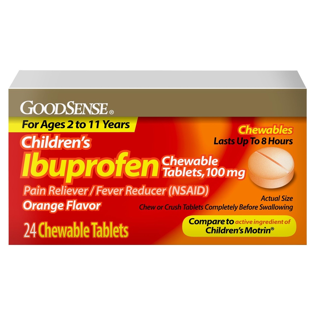 Ibuprofenul pentru copii GoodSense comprimate masticabile, 100 mg, 24 Conte, Reliever durere și Reduce febra (AINS), reduce temporar febra și elimină dureri minore