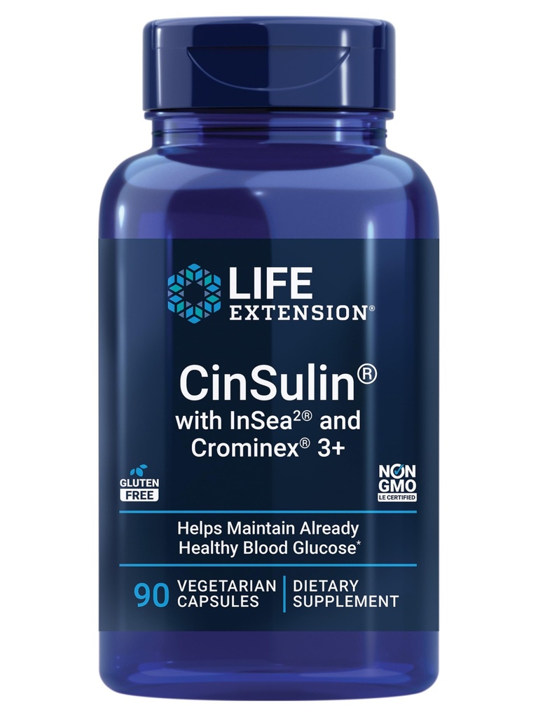 Extensie de viaţă CinSulin® cu InSea2® şi Crominex® 3+, shilajit, amla Fruit, Scorţişoară, Alge marine maro, Sprijină Metabolism sănătos şi Satiety, Gluten-Free, Non-GMO, Vegetarian, 90 Capsule