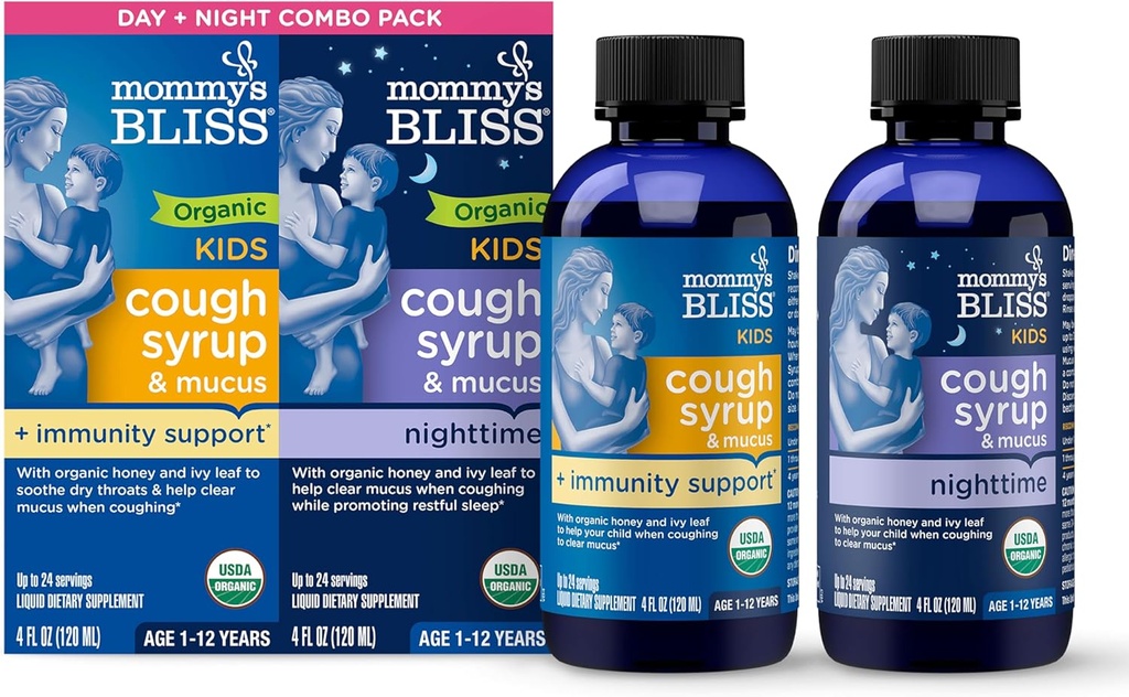 Bliss Organic Cough Syrup & Mucus pentru copii, Ziua și noaptea Combo Pack cu vitamina C și suport pentru imunitate, Conține miere organică și Ivy Leaf, 4 Fl Oz (Pachet de 2)