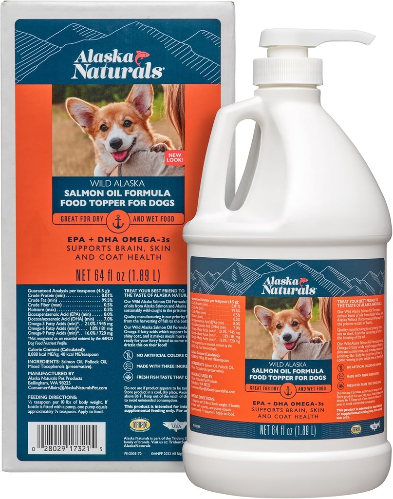 Alaska Naturals Wild Alaskan Somon supliment ulei de pește pentru câini Piele și haină cu EPA DHA Omega 3 Acidi grasi Alimente lichide Topper 64 oz. Pompă