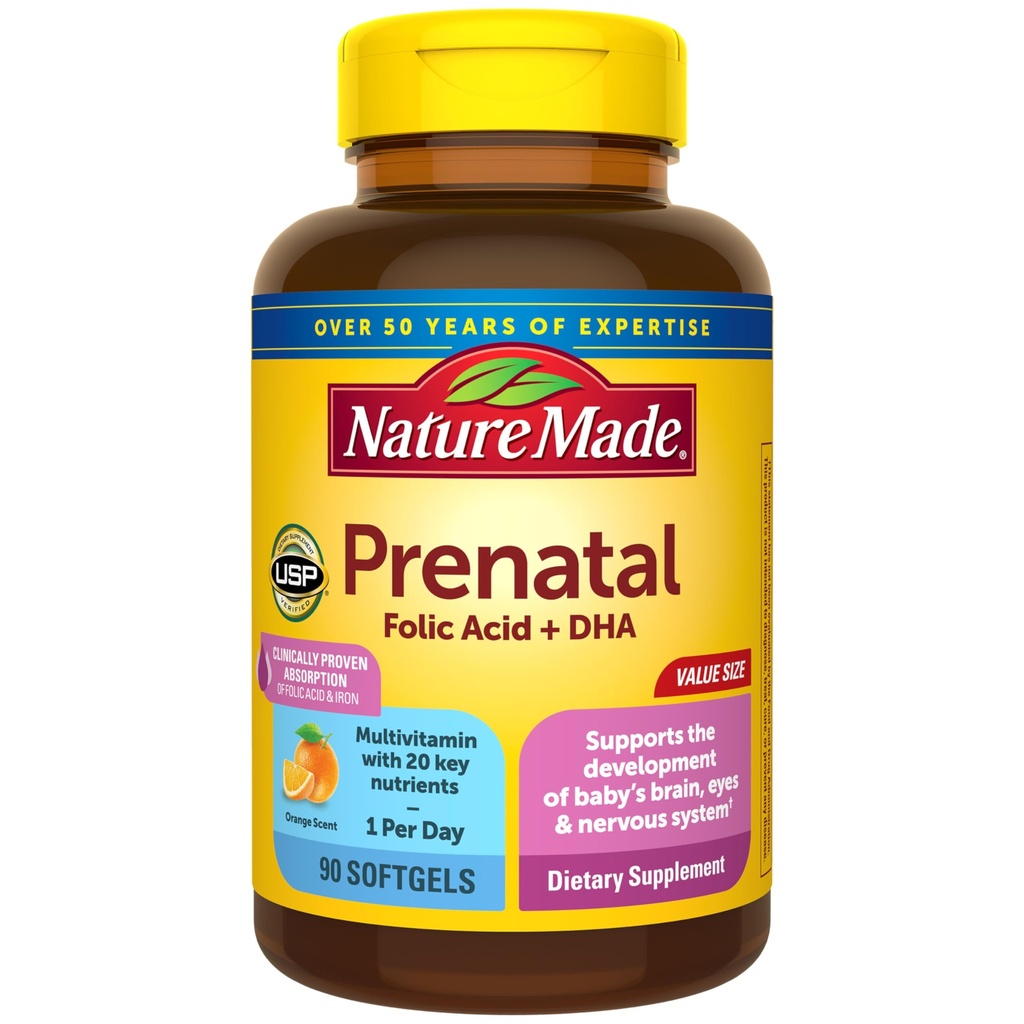 Natura Prenatal cu acid folic + DHA, vitamina prenatala si supliment mineral pentru suport nutritional zilnic, 90 Softgels, 90 de zile de aprovizionare