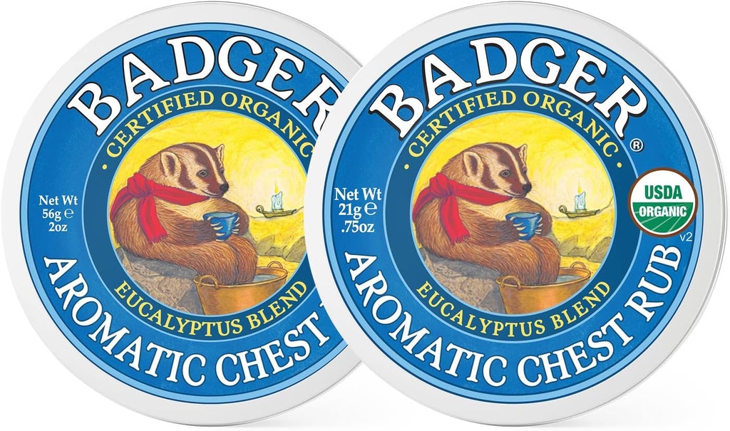 Badger - Aromatizat Chest Rub, Eucalipt & Mint, Certified Organic, Soothing Vapor Rub with Eucalyptus Essential Oils, Baby Chest Rub, Vapor Rub Ointment, 0,75 oz - 2-Pack