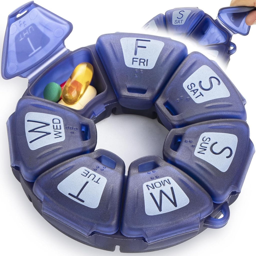 Round Weekly Pill Organizator, TPU Rubberized, Travel Pill Container 7 zile, cu 7 Compartimente mari, mare pentru Daily Vitamine & Suplimente, Cute Pill Case cu litere mari și Braille (Blue)