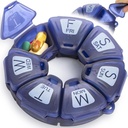 Round Weekly Pill Organizator, TPU Rubberized, Travel Pill Container 7 zile, cu 7 Compartimente mari, mare pentru Daily Vitamine & Suplimente, Cute Pill Case cu litere mari și Braille (Blue)
