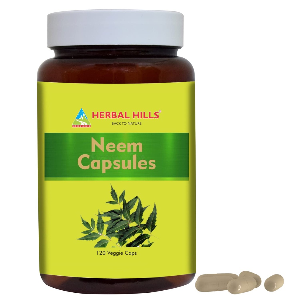 HERBAL HILLS Neem Capsule 120 Vegie Capsule Neem Leaf Azadirahta Indica 700 mg pulbere şi Extract Blend într-o capsulă