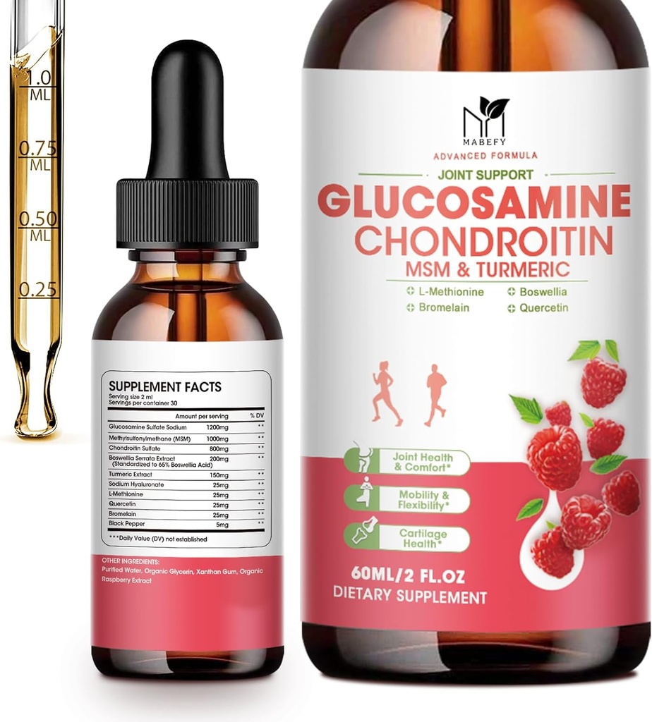 Glucosamine Chondroitin MSM Picături lichide-w/ Turmeric Boswellia Querbetin Bromelain-Vegan, Suport Antioxidant pentru Back, Genunchi, Mâni-Suportul comun Susţine articulaţii sănătoase, Mobilitate şi Cartilaj