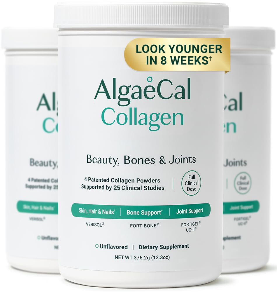ALGAECAL Colagen - 4 Peptides VERISOL®, FORTIGEL®, UC-II®, FORTIBONE®, Antiaging Hidrolyzed Collagen Powder, 3 Packs, Made in USA
