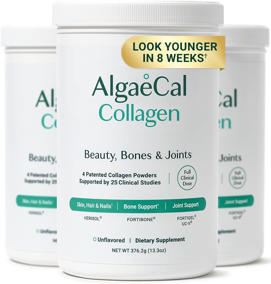 ALGAECAL Colagen - 4 Peptides VERISOL®, FORTIGEL®, UC-II®, FORTIBONE®, Antiaging Hidrolyzed Collagen Powder, 3 Packs, Made in USA