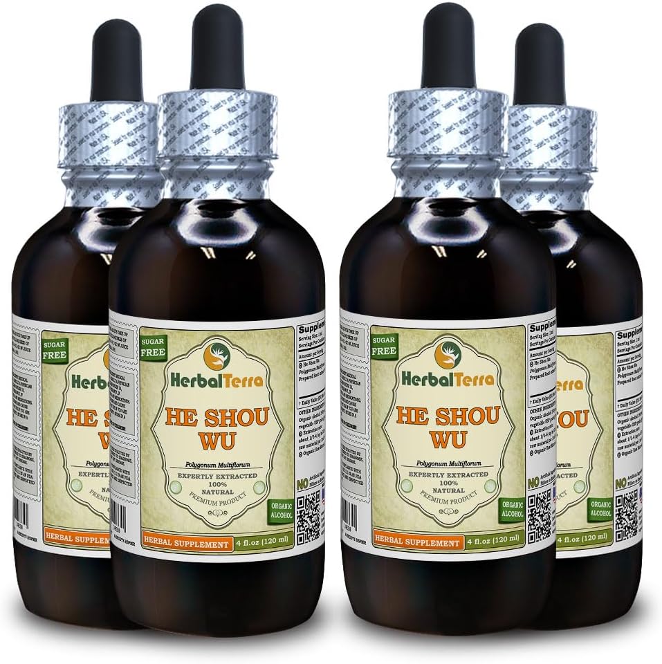 He Shou Wu, Fo Ti (Polygonum Multiflorum) Tincture, Organic uscate preparate de extract lichid de rădăcină (Brand Name: HerbalTerra, Proudly Made in USA) 4x4 fl.oz (4x120 ml)