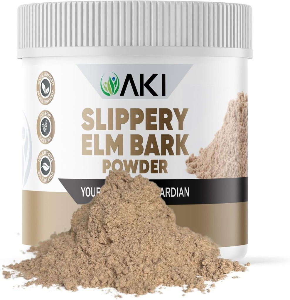 AKI Slippery Elm Bark Powder - Proteină pe bază de plante, Soothing Remedy pentru Digestive Wellness & Ghroat Comfort - Vegan-Friendly, Gluten-Free, Non-GMO & Free de aditivi artificiali (4oz/113g)