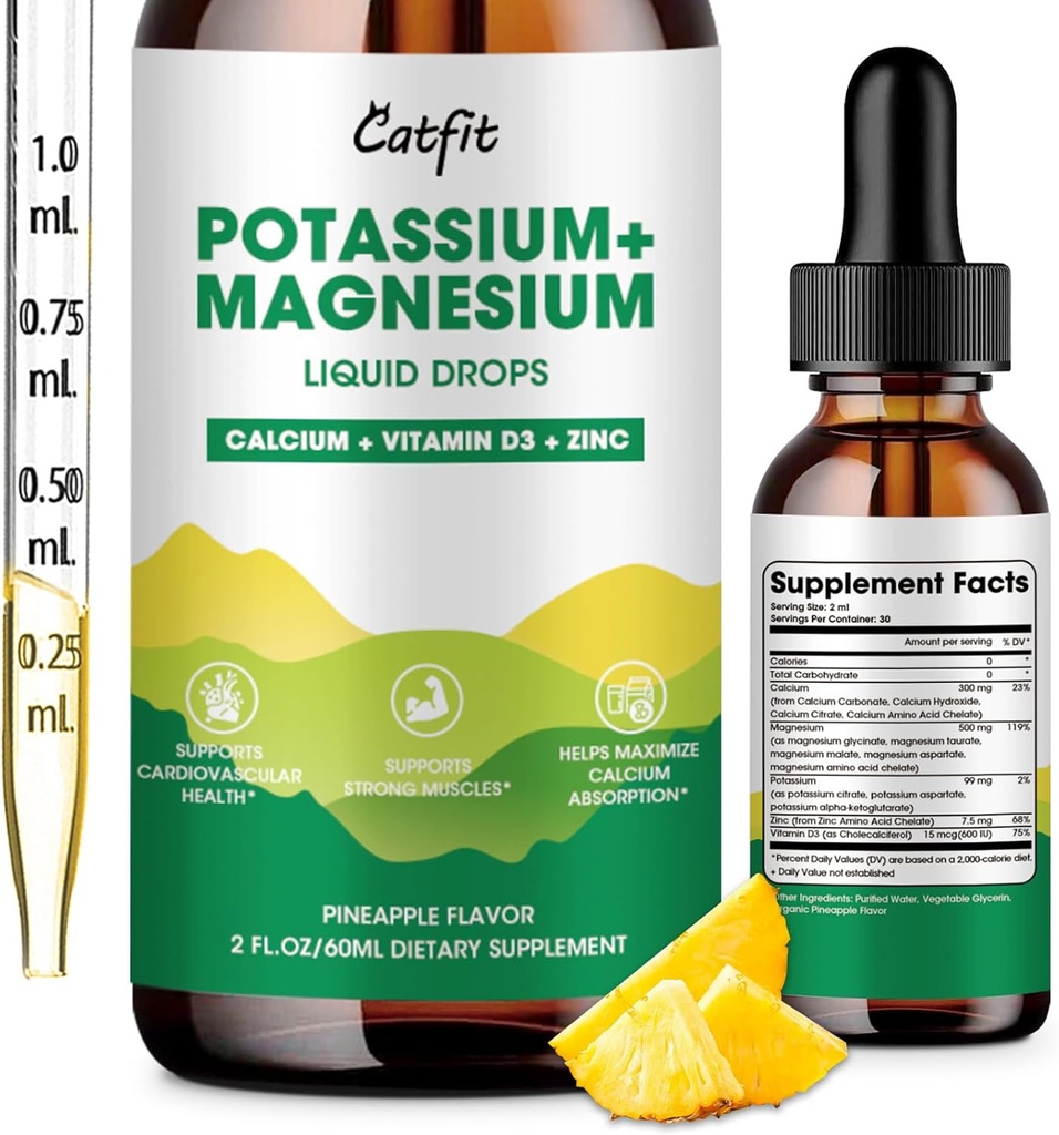 Potasiu Magneziu Glicinat Supliment-High Absorbtion Complex de magneziu Picătură lichidă cu calciu, potasiu, vitamina D3 & Zinc pentru somn, Crampe de picioare, musculare & energie, zahăr Free & Vegan 2 Fl Oz