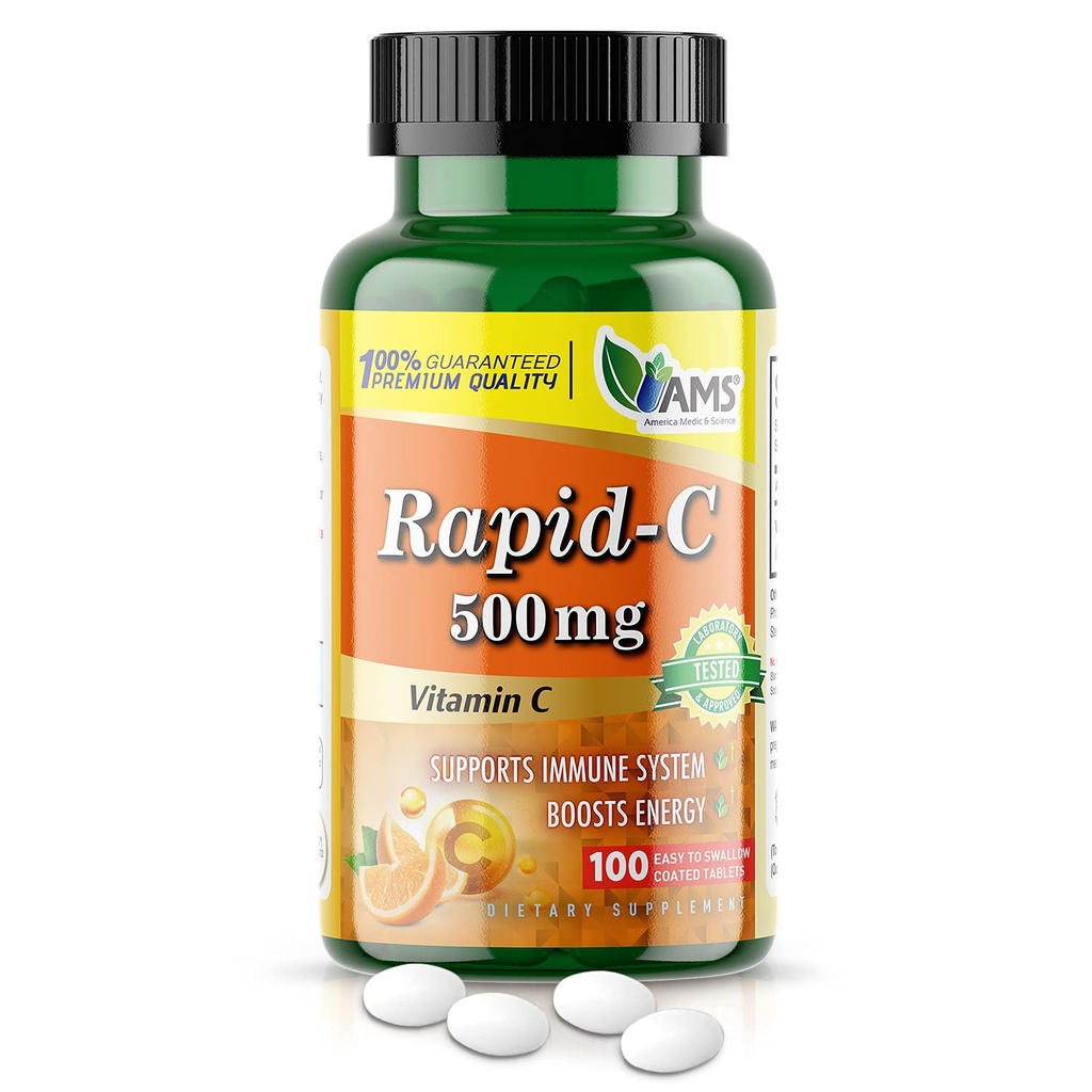 America Medic & Science Rapid-C 500mg Vitamin C Supplement (1 Pack of 100 Tablets) Energy Booster, Daily Immune System Support, Antioxidant | Vegan, Non-GMO Coated Ascorbic Acid for Adult Men & Women