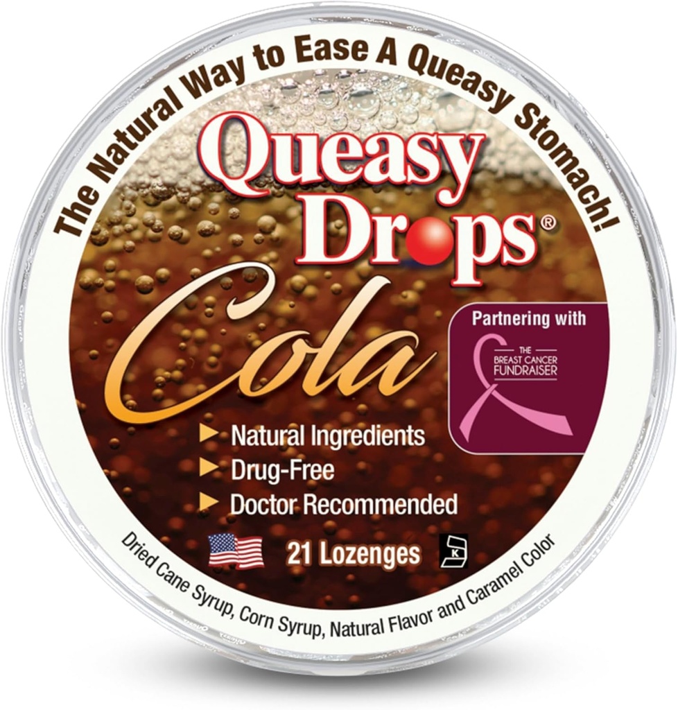 3 Lollies Drops Queasy - Cola Flavor - Relief from Greaţă şi boală de călătorie, Soothes a Dry Mouth & Settles Stomac - Ingrediente naturale - 21 t