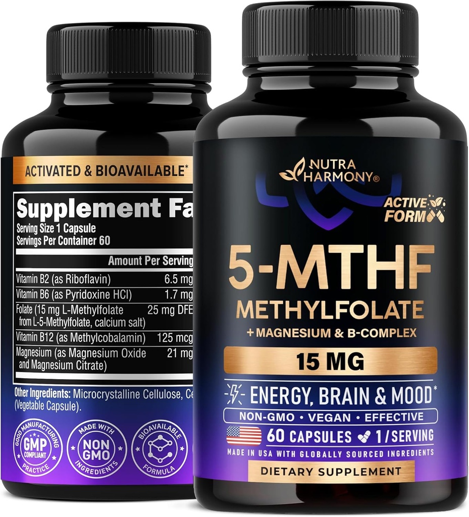 NUTRAHARMONY L Metilfolat 15 mg - 5-MTHF Metilfolat Supliment Plus Metil B12, vitamine B2 & B6, magneziu - Made in USA, 60 capsule pentru 2 luni