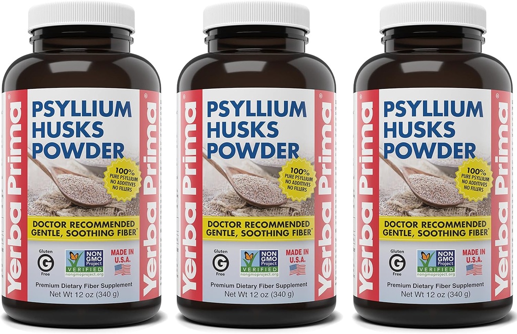 Yerba Prima Psyllium Husks Powder - 12 oz (Pachetul de 3) - Suplimentul natural de fibre - Curățarea colonului - Vegan, non-GMO, Gluten-Free (Nou etichetă - ambalare mai Vary)