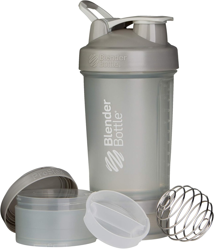 BlenderBottle Shaker Sticla cu Organizator de pastile și depozitare pentru sistemul ProStak pulbere de proteine, 22-Ounce, Pebble Grey