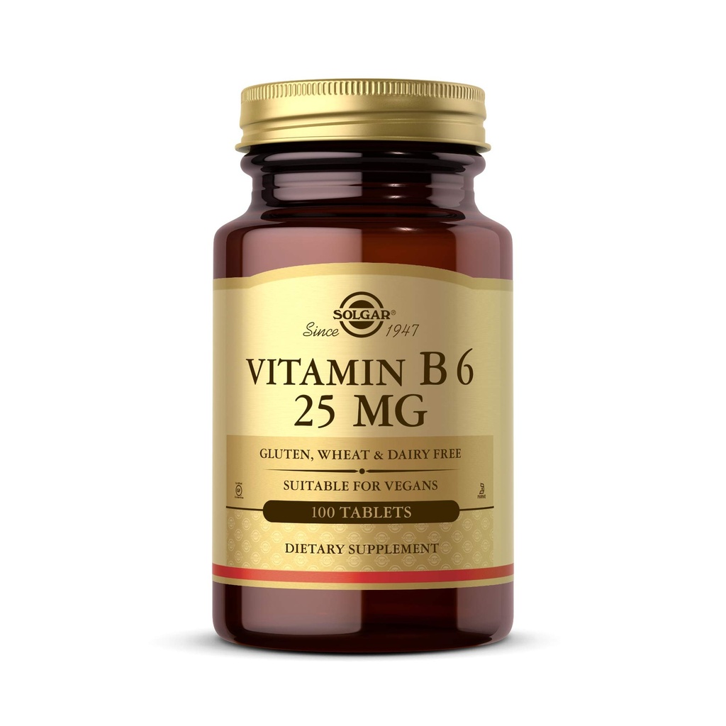 Solgar Vitamina B6 25 mg, 100 comprimate - Suportă metabolismul energetic, Heart Health & Healthy Nervous System - B Supliment complex - Vegan, Gluten Free, Dairy Free, Kosher - 100 Serviri