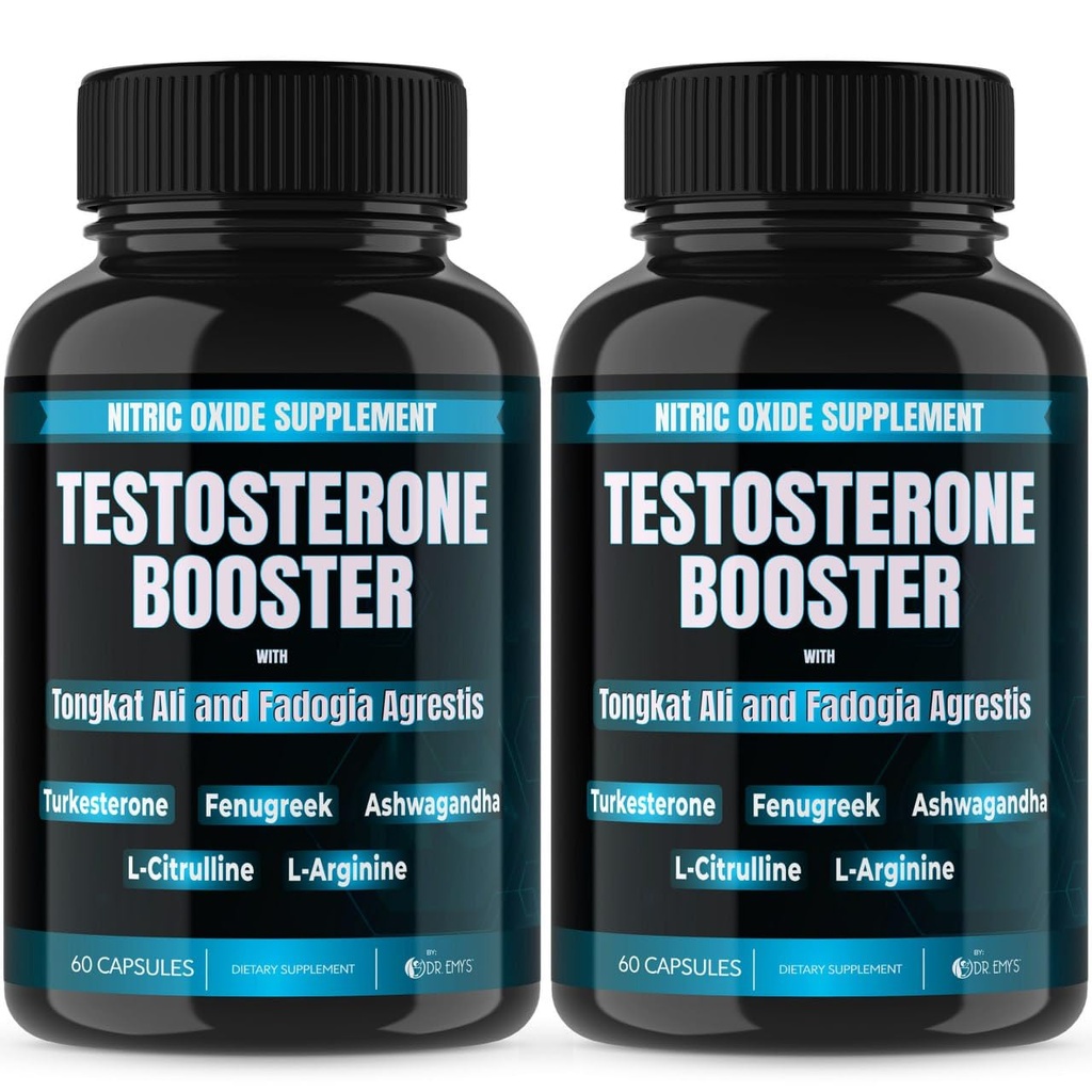 Dr. Emy's (2 Pack Testosteron Booster-Tongkat Ali Fadogia Agrestis Nitrogen oxid Ashwagandha Supliment pentru bărbați cu L Arginine Citruline Fenugreek - Turkesteron Pre Workout Pump (120 capsule)