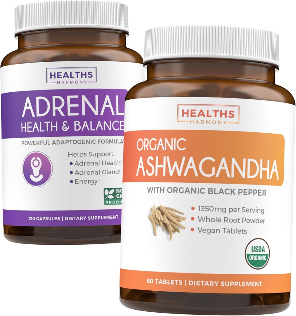 Adrenala & Ashwagandha (1-Month Supply) Calm & Energize Bundle - Suport adrenal cu L-Tyrosine (120 capsule) & USDA Organic Ashwagandha 1350mg Ashwagandha Root Powder per Serve (60 capsule)