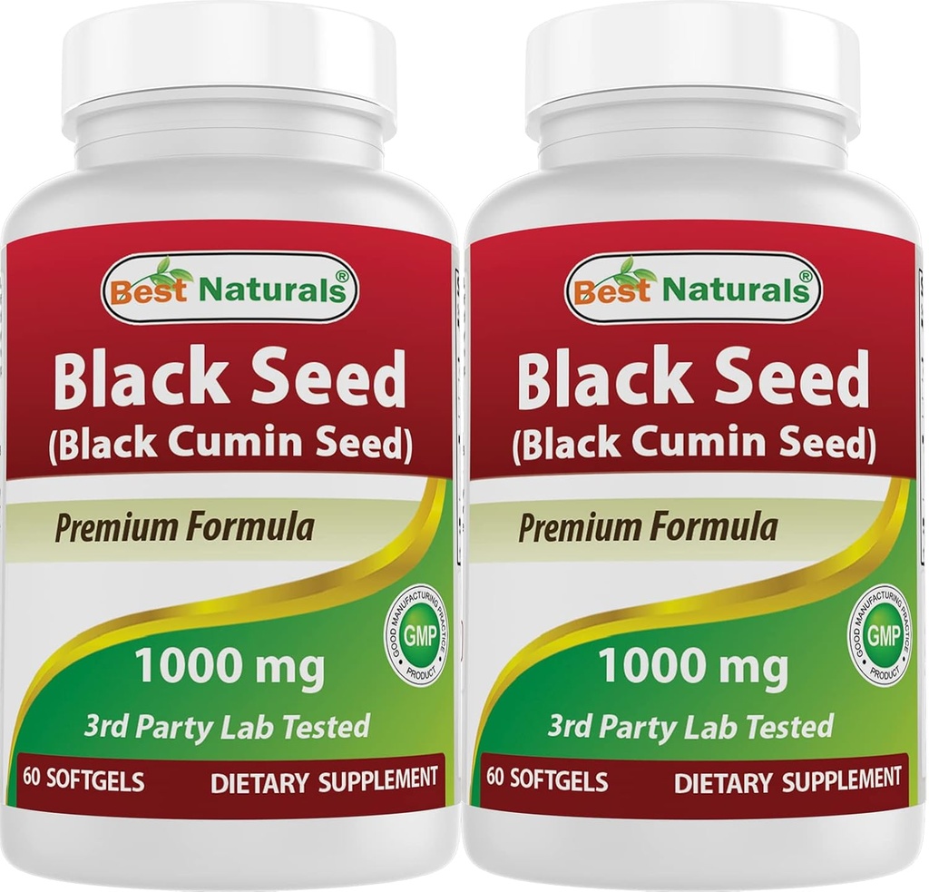 Cel mai bun Naturals 2 Packs Capsule de ulei de semințe negre 1000 mg (Non-GMO) Nigella Sativa - 100% presat la rece Pastile de ulei de chimen negru conține Thymoquinonoe 60 Conte (total 120 Softgels)