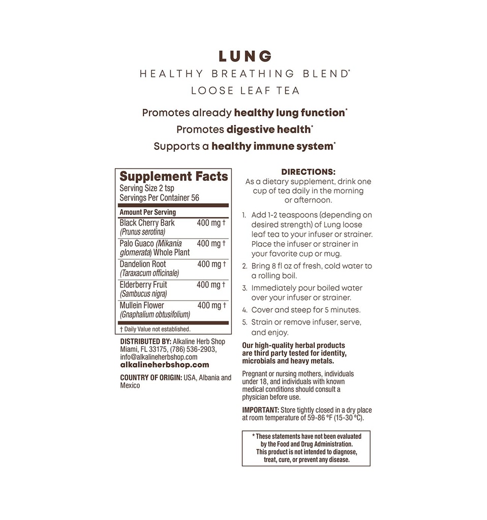 Alkaline Herb Shop - Happy Lung Ceai - Made with Natural Wildcrafted Herbs - Mullein, Elderberry, Dandelion Root, Wild Cherry Bark. & Guaco - Vegan - Gluten-Free - 4 Oz Loose Leaf Herbal Tea
