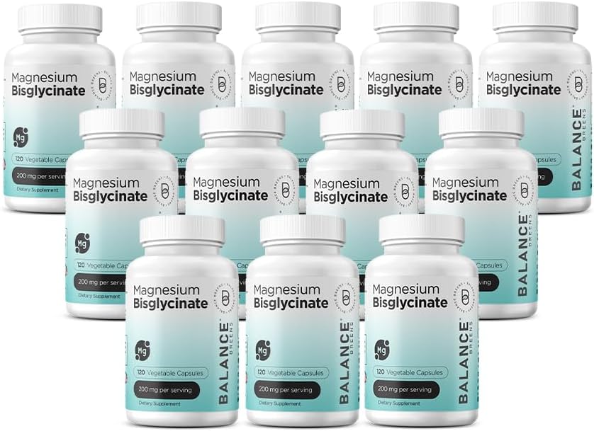 Magneziu Bisglicinat 200mg - Absorbţie mare Suplimentul de magneziu Chelat - Blând pe stomac, gluten-free, Suporturi somn, Crampe musculare & Mood pozitiv - 120 capsule (Pachet de 12)