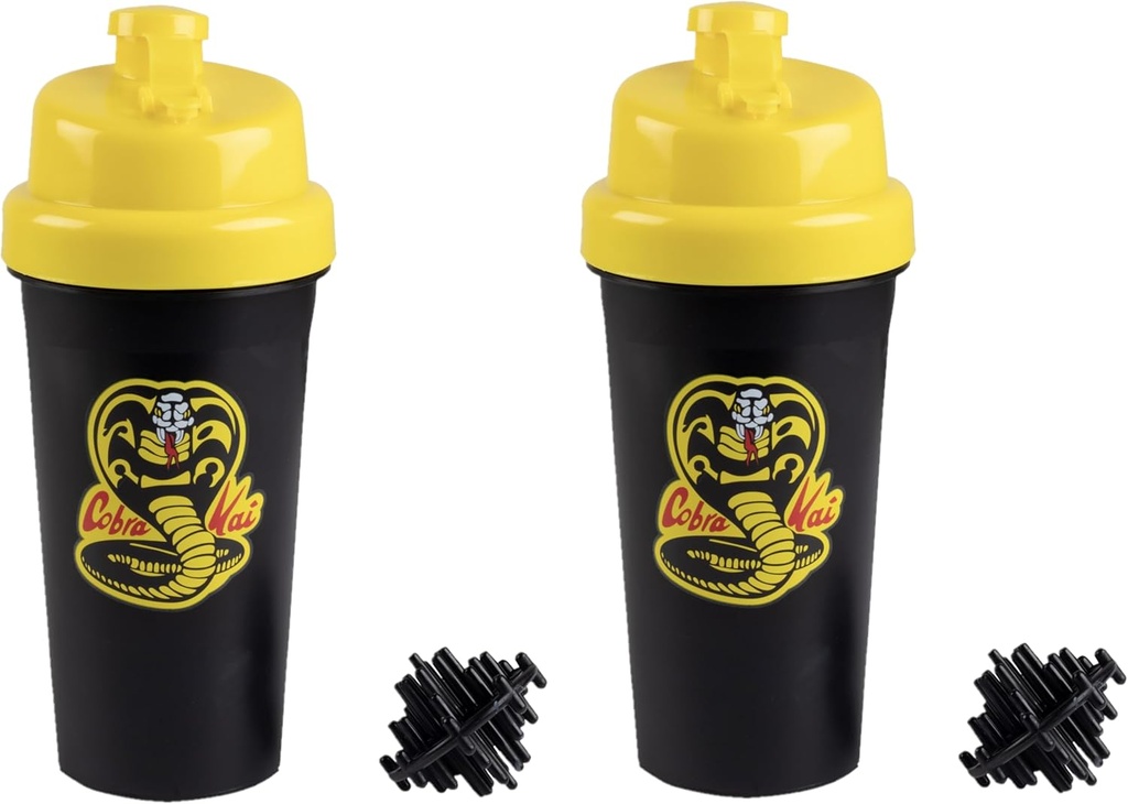 Karate Kid Cobra Kai 25oz Proteine Shaker Sticle pentru amestecuri de pulbere - Pachet de 2 - Leakproof Lid Șurub pe Lids - Lucrari pentru Smoothies, Energetic Drinks, Workout Blends, Shakes - Autorizat oficial