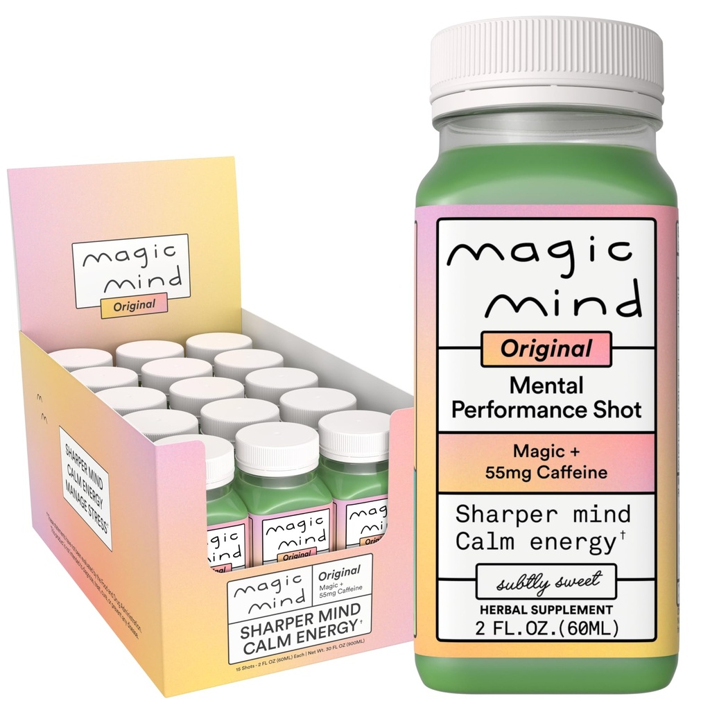 Magic Mind Energy and Focus Drink Shots - Stress Relieving, No Jitters, Ashwagandha, Vitamina B12, Vitamina C, Matcha Green Tea, Functional Futures - 2 FL Oz (15 Pack)
