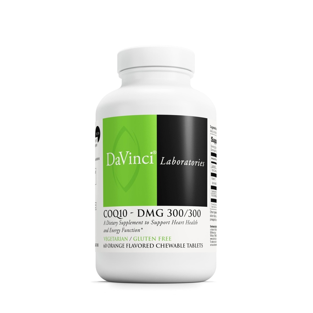 DAVINCI Labs CoQ10 - DMG 300/300 - Supports Heart Health and Energy Function* - Dietary Supplement with Cozyme Q10 & Vitamin E - Vegetarian - Gluten-Free - 60 Orange Flavored Chewable Tablets